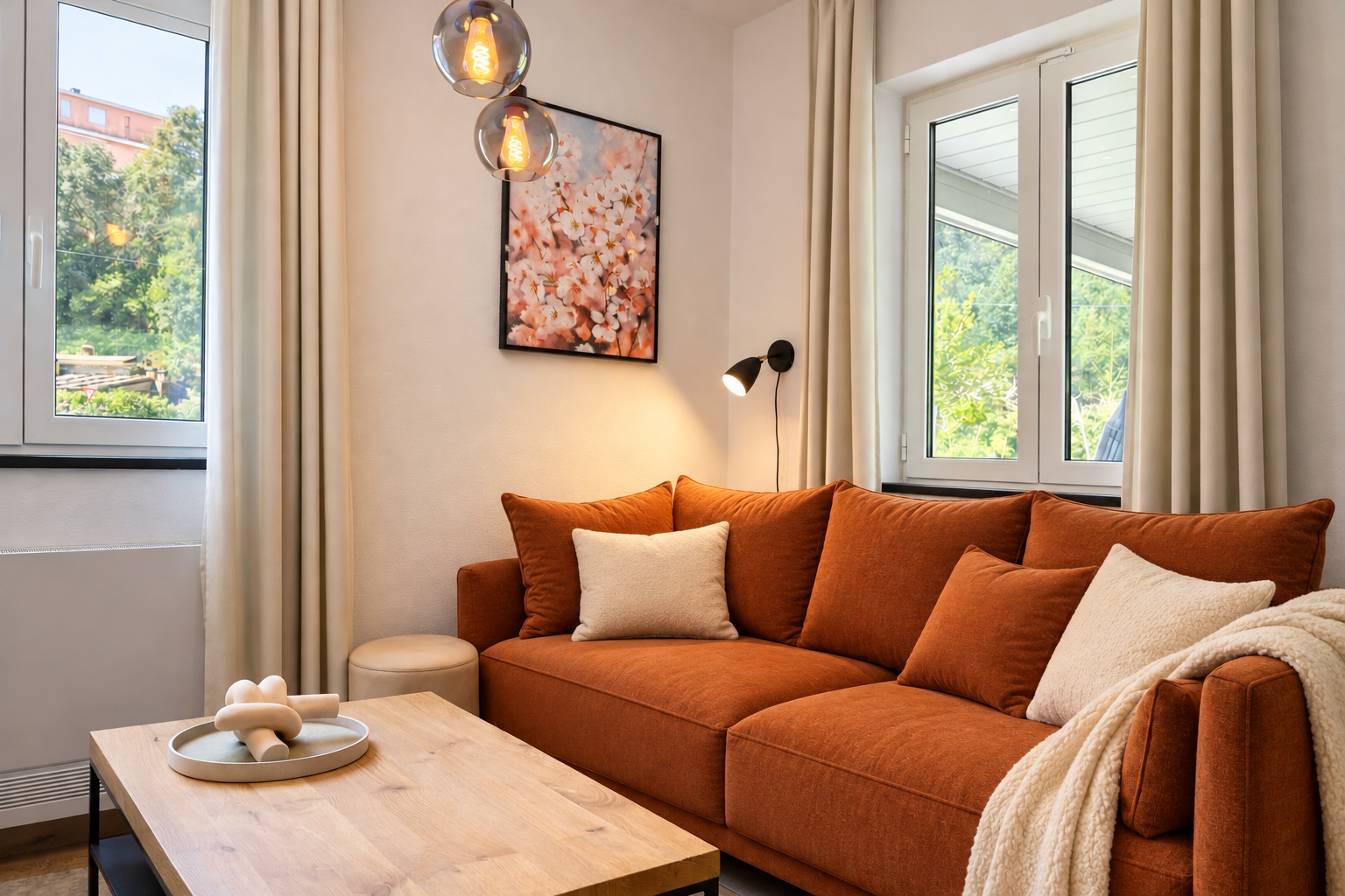 Wohnzimmer mit Terrakotta-Sofa, Kissen und Couchtisch aus Holz.